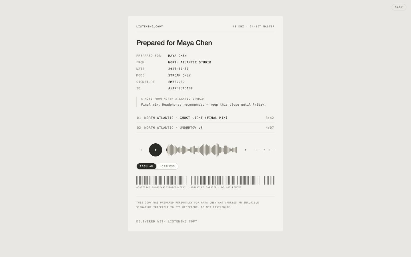 Listening Copy browser player with ordered tracks, a waveform and individual delivery details, shown with example data.